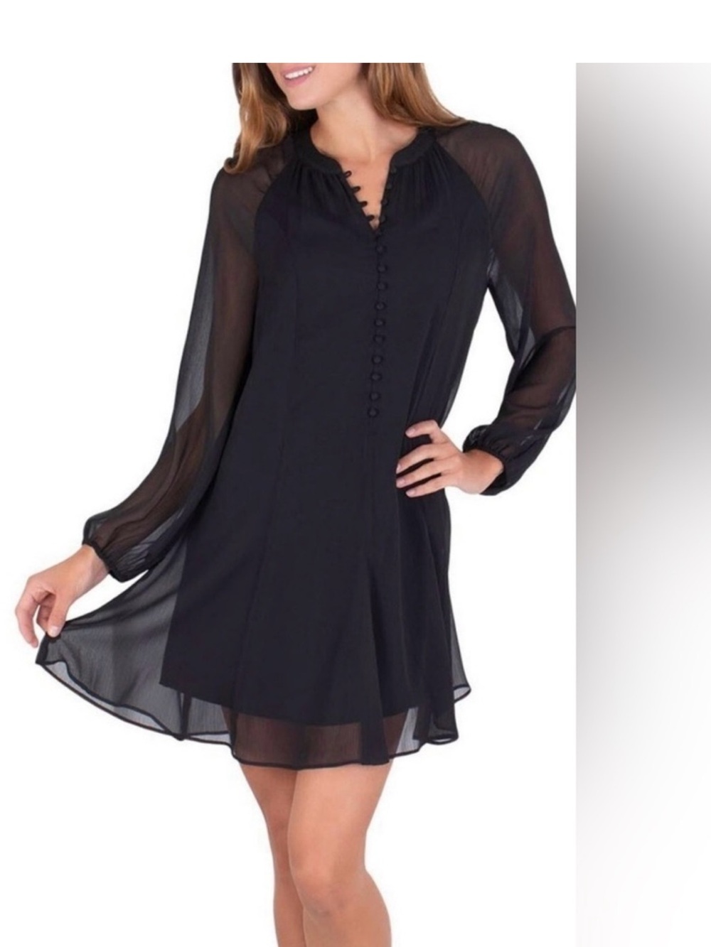 NWT Joie Black Sheer-Sleeve Button-Front Mini Dress.